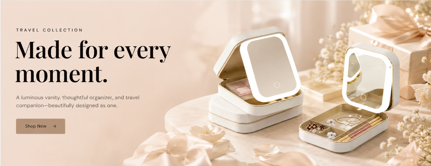 LIVOARA illuminated travel vanity with mirror, beauty products and jewellery