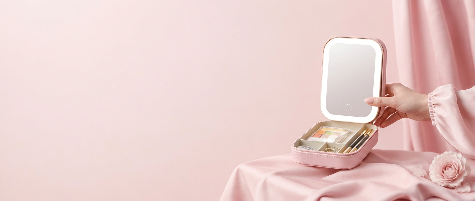 Open blush pink LIVOARA travel vanity with illuminated mirror and organised tray