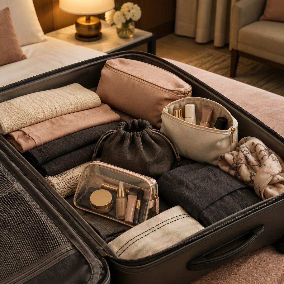 Multiple separate travel pouches for beauty essentials
